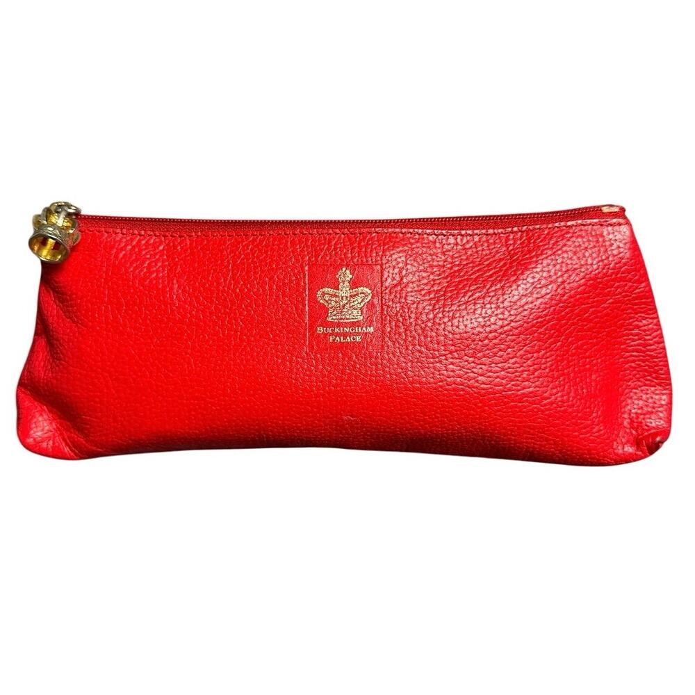 Vintage Buckingham Palace red leather zippered pouch crown pendant makeup pencil